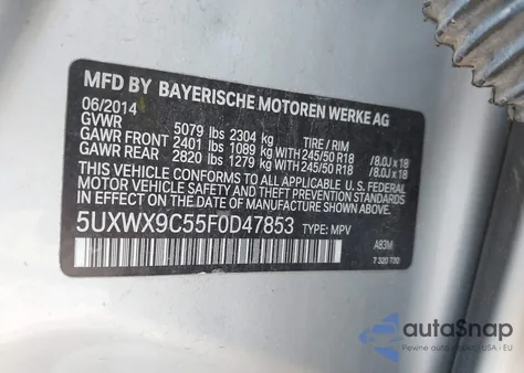 2015 BMW X3 xDrive28I z USA, uszkodzony, nr VIN 5UXWX9C55F0D47853